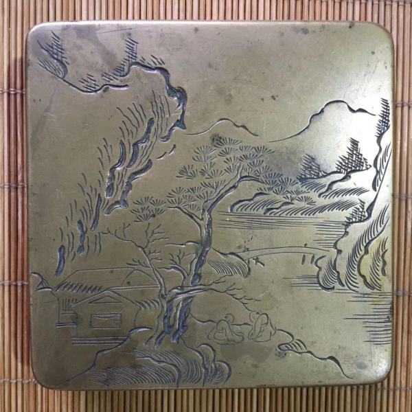 古玩铜器清代刻人物山水纹铜墨盒拍卖，当前价格3500元