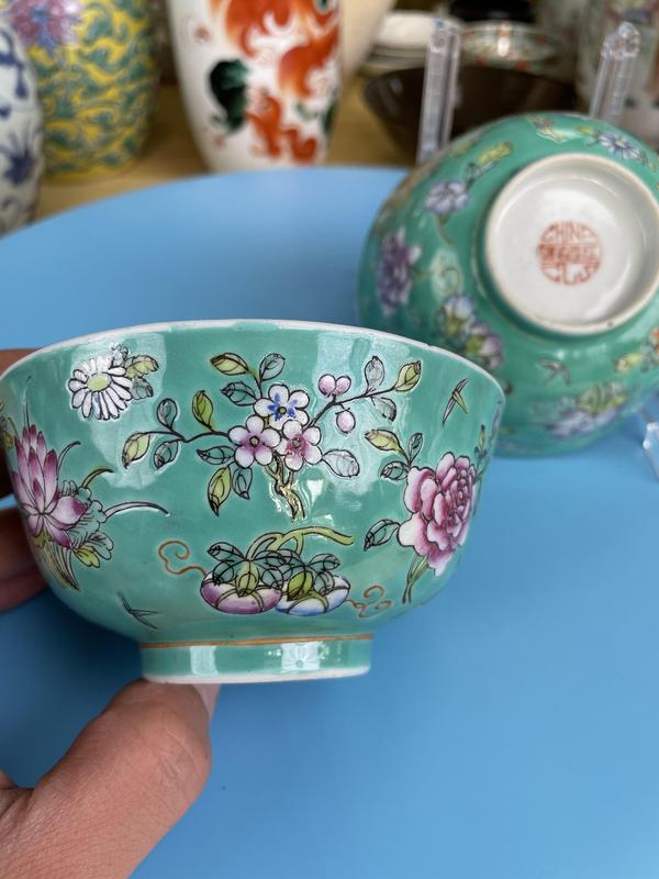 古玩陶瓷民國 精品松石綠地粉彩花卉紋敦式碗一對拍賣,當前價格2500元