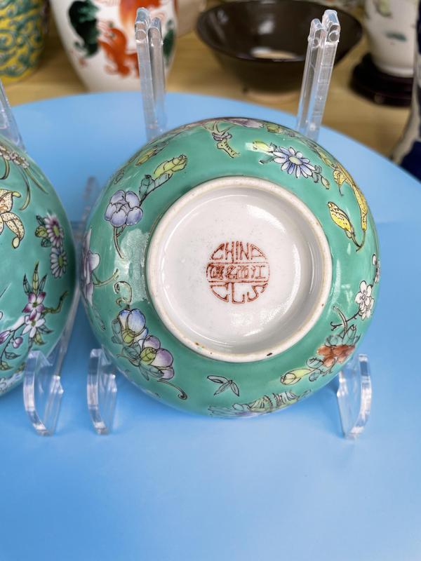 古玩陶瓷民國 精品松石綠地粉彩花卉紋敦式碗一對拍賣,當前價格2500元