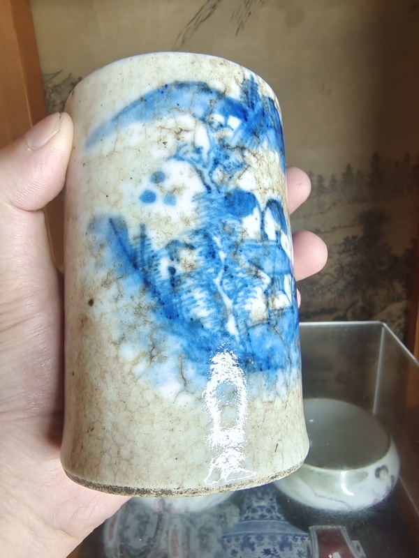 古玩陶瓷晚清哥釉地青花山水紋筆筒拍賣,當前價格1680元