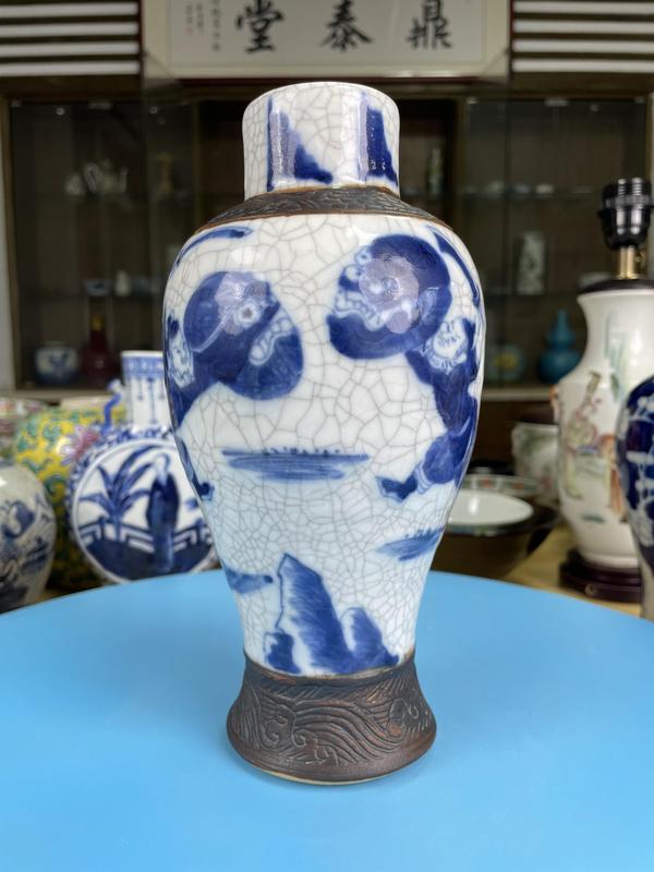古玩陶瓷清道光 精品哥釉青花刀馬人物紋梅瓶拍賣,當前價格2900元