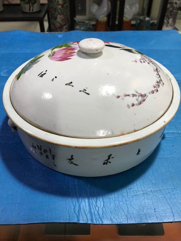 古玩陶瓷淺降彩花鳥(niǎo)一品鍋拍賣(mài)，當(dāng)前價(jià)格1980元