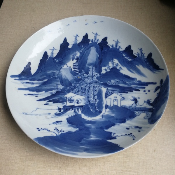 古玩陶瓷晚清樵漁耕讀山水紋青花盤拍賣,當前價格1500元
