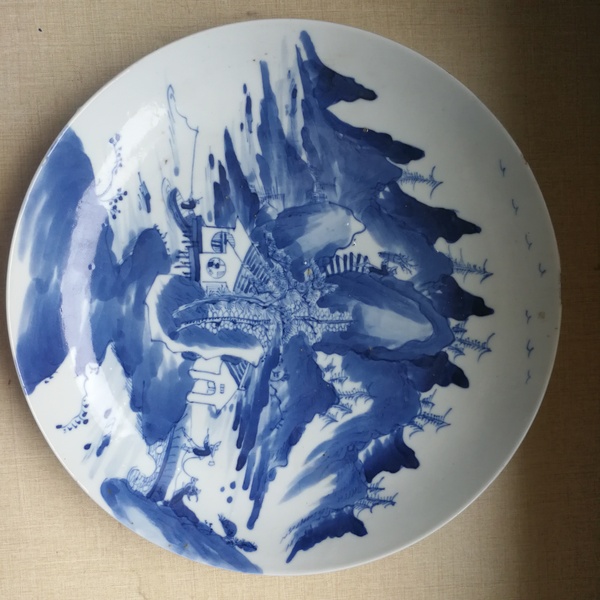古玩陶瓷晚清樵漁耕讀山水紋青花盤拍賣,當前價格1500元