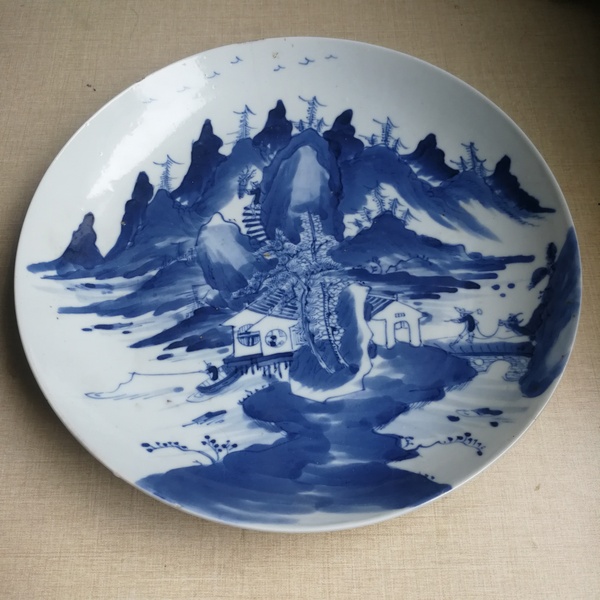 古玩陶瓷晚清樵漁耕讀山水紋青花盤拍賣,當前價格1500元