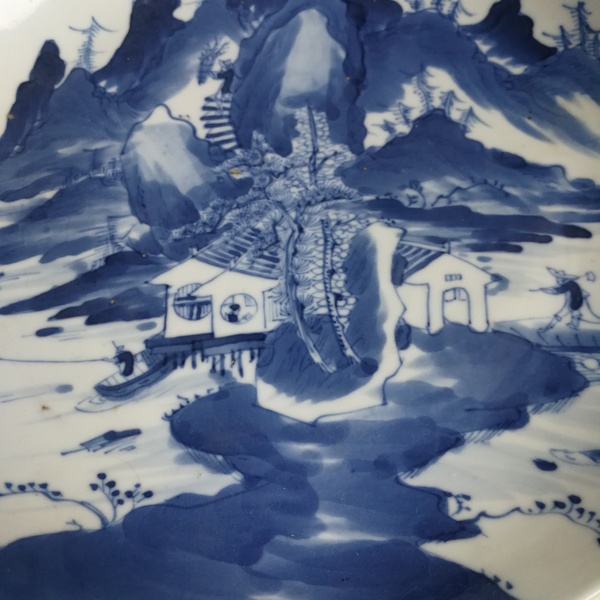 古玩陶瓷晚清樵漁耕讀山水紋青花盤拍賣,當前價格1500元