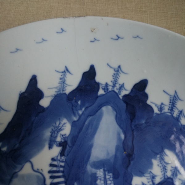 古玩陶瓷晚清樵漁耕讀山水紋青花盤拍賣,當前價格1500元