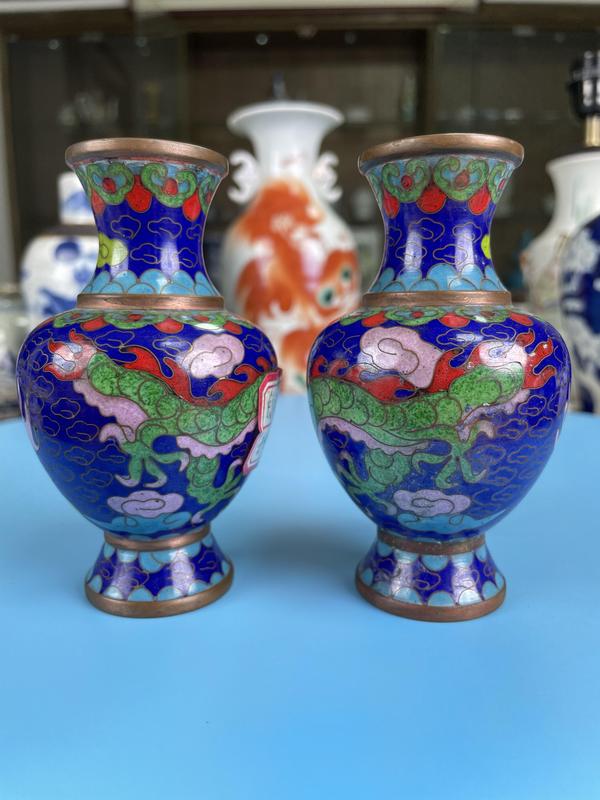 古玩陶瓷銅胎 掐絲琺瑯彩 龍紋盤口瓶一對拍賣,當前價格650元