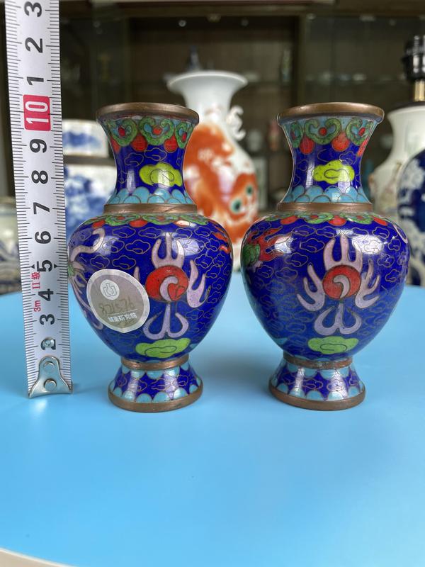 古玩陶瓷銅胎 掐絲琺瑯彩 龍紋盤口瓶一對拍賣,當前價格650元