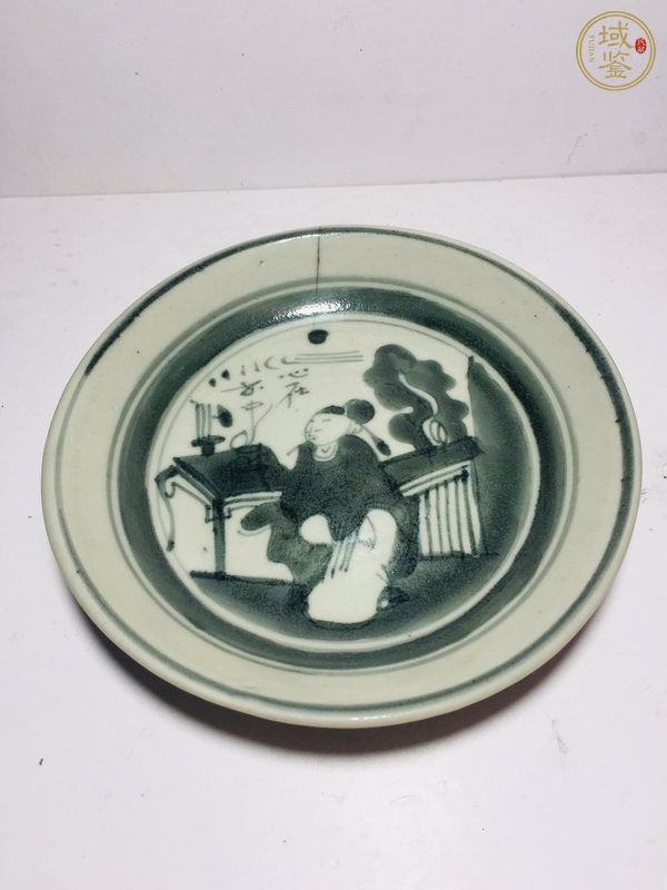 古玩陶瓷清中早·青花人物詩文盤真品鑒賞圖