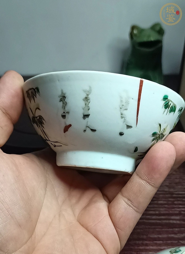 古玩陶瓷粉彩竹詩紋蓋碗真品鑒賞圖