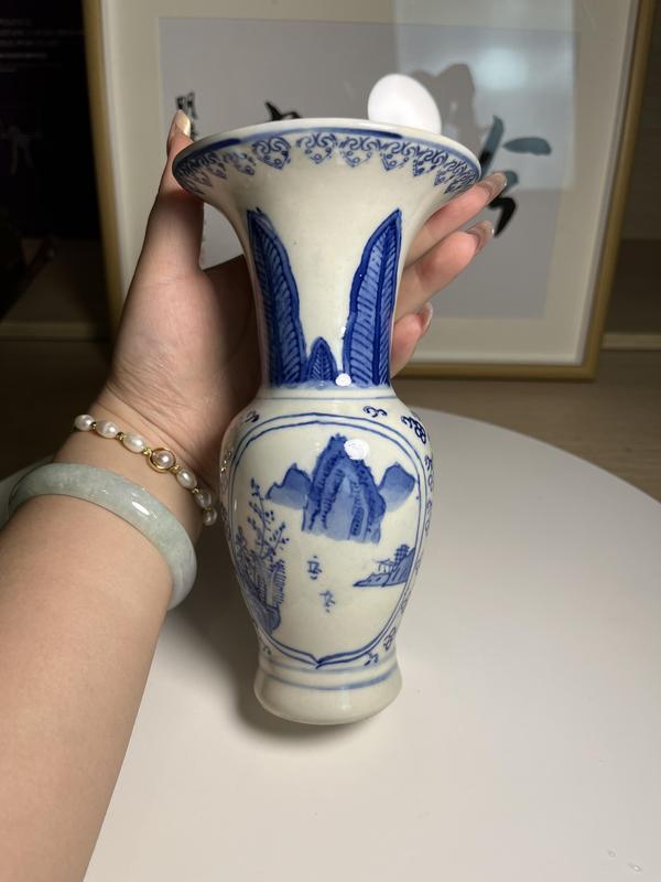古玩陶瓷精品 青花開光山水人物紋花觚拍賣,當前價格260元