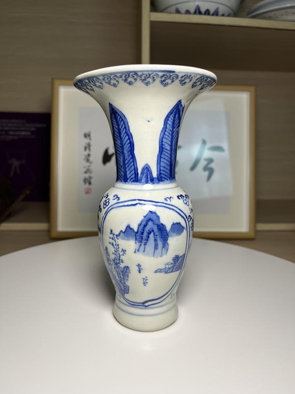 古玩陶瓷精品 青花開光山水人物紋花觚拍賣,當前價格260元