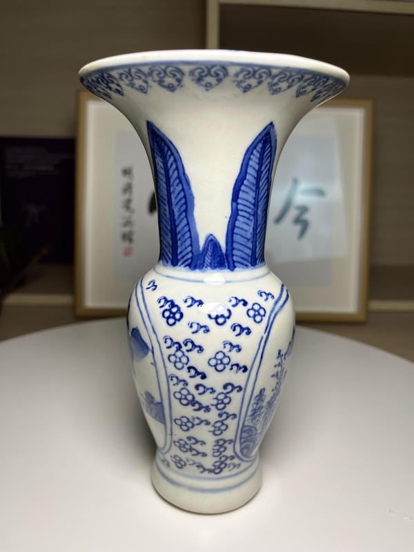 古玩陶瓷精品 青花開光山水人物紋花觚拍賣,當前價格260元
