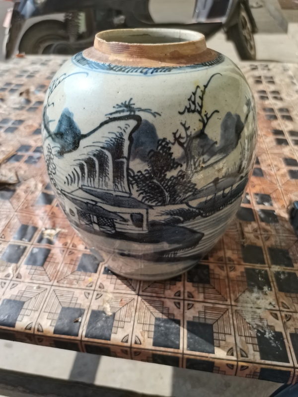 古玩陶瓷乾隆清中期青花山水人物紋罐,大罐子拍賣,當前價格1299元