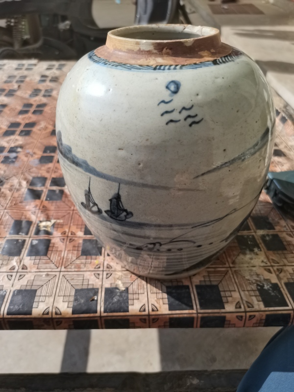 古玩陶瓷乾隆清中期青花山水人物纹罐，大罐子拍卖，当前价格1699元