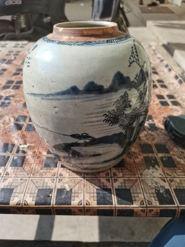 古玩陶瓷乾隆清中期青花山水人物紋罐,大罐子拍賣,當前價格1299元