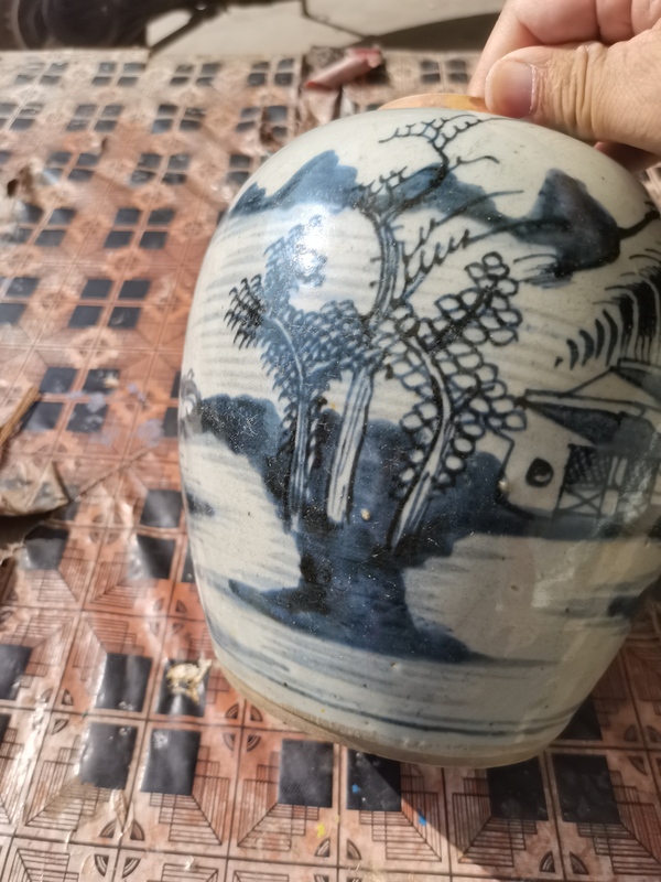 古玩陶瓷乾隆清中期青花山水人物紋罐,大罐子拍賣,當前價格1299元