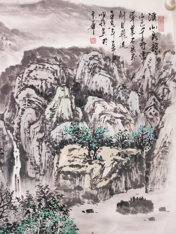 古玩字畫帶證書合影國(guó)家一級(jí)美術(shù)師明銳老師精品山水畫收藏佳作拍賣，當(dāng)前價(jià)格488元