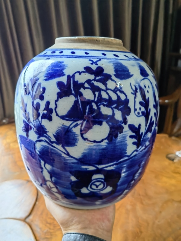 古玩陶瓷晚清牡丹紋青花罐拍賣,當前價格450元