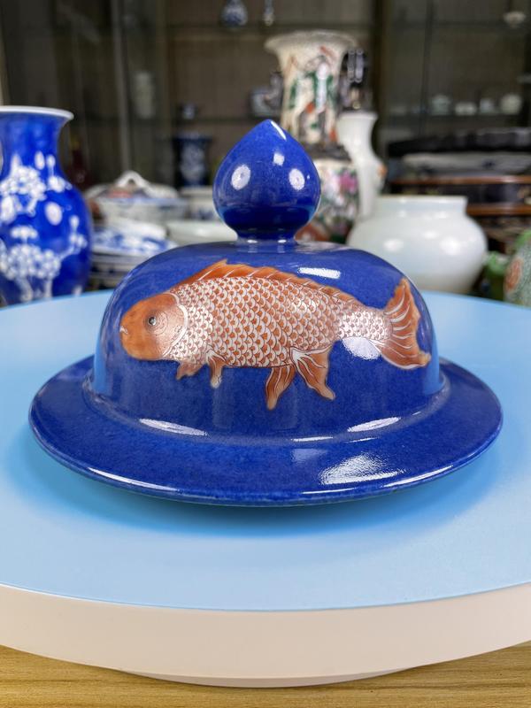 古玩陶瓷清晚期 精品灑藍釉彩繪雙魚紋將軍罐蓋子拍賣,當前價格1500元