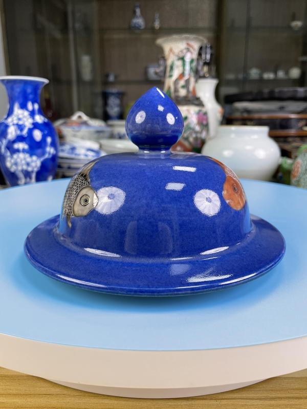 古玩陶瓷清晚期 精品灑藍釉彩繪雙魚紋將軍罐蓋子拍賣,當前價格1500元