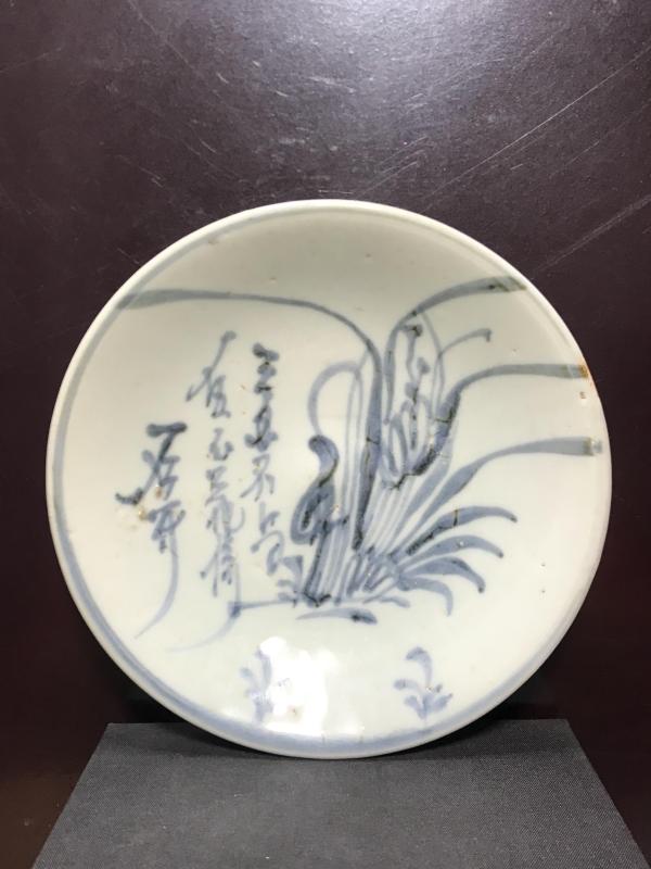 古玩陶瓷青花兰花诗文盘拍卖，当前价格1200元