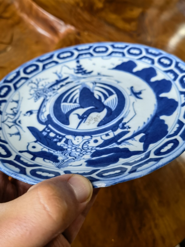 古玩陶瓷清中團鶴樓臺亭閣山水紋青花盤拍賣,當前價格600元