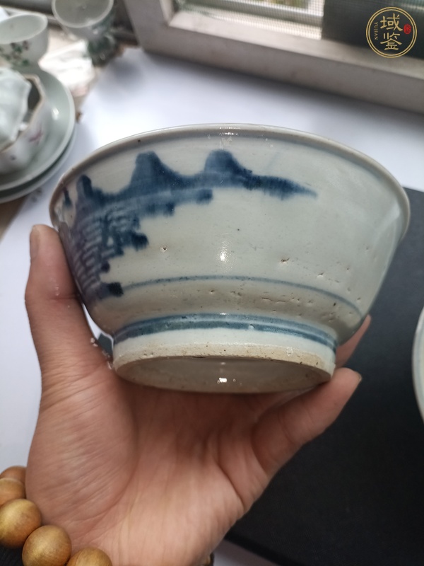 古玩陶瓷青花亭台山水碗一对真品鉴赏图