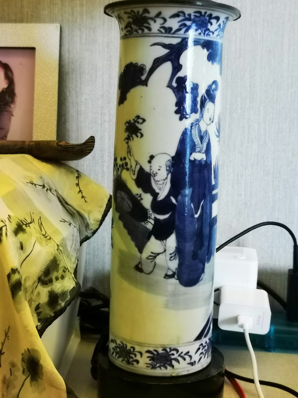 古玩陶瓷晚清青花仕女人物花觚改臺燈拍賣,當前價格1200元