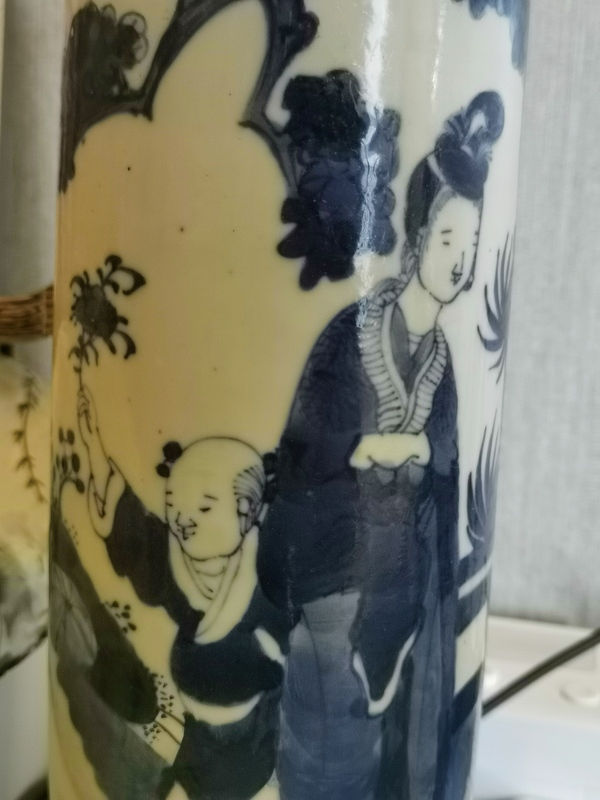 古玩陶瓷晚清青花仕女人物花觚改臺燈拍賣,當前價格1200元
