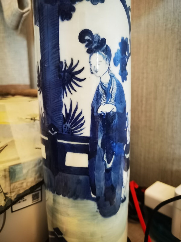 古玩陶瓷晚清青花仕女人物花觚改臺燈拍賣,當前價格1200元
