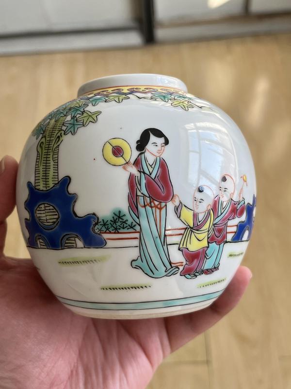 古玩陶瓷解放初期三娘教子圖彩繪蓋缸拍賣,當前價格1200元