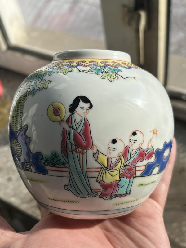 古玩陶瓷解放初期三娘教子圖彩繪蓋缸拍賣,當前價格1200元