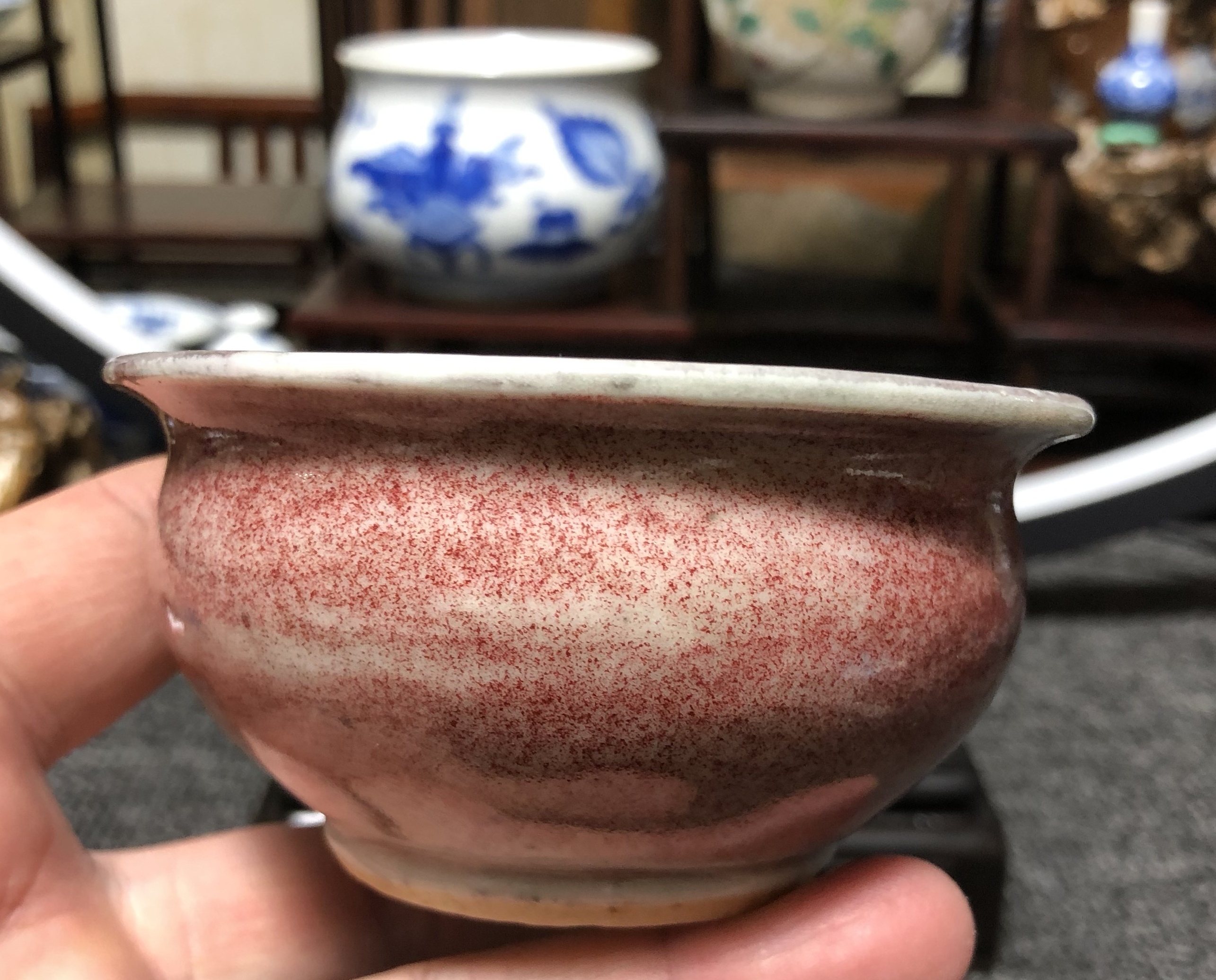 NK25488 中国陶器 紅斑鈞窯耳付三足香炉 香爐 茶道具 香道具 検: