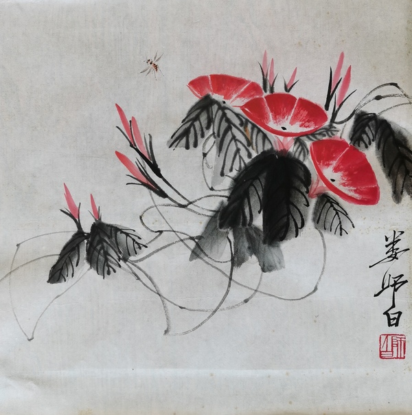 古玩字畫(huà)齊白石入室弟子一代花鳥(niǎo)大師婁師白花卉草蟲(chóng)圖拍賣，當(dāng)前價(jià)格30000元