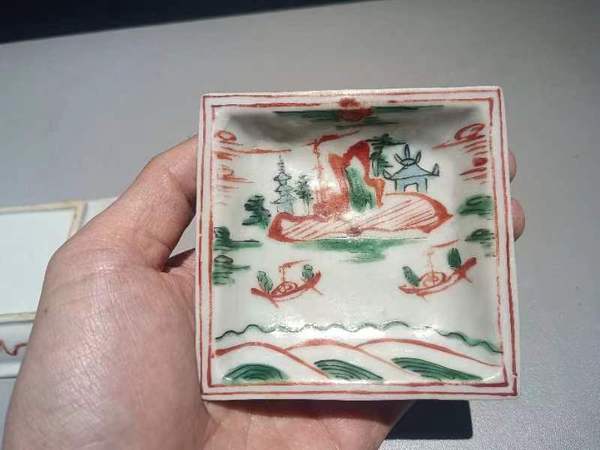 古玩陶瓷清代五彩山水人物紋方盤拍賣，當前價格1500元