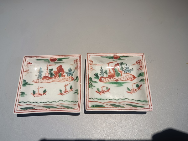 古玩陶瓷清代五彩山水人物紋方盤拍賣，當前價格1500元