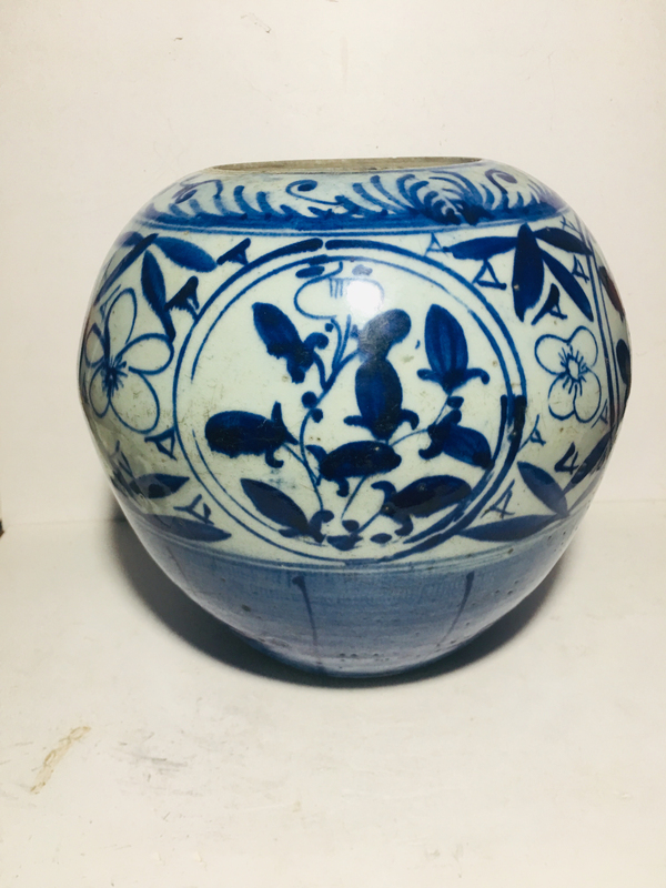 古玩陶瓷晚清民國青花開窗花卉紋西瓜罐拍賣,當前價格299元