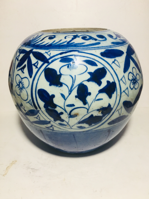 古玩陶瓷晚清民國青花開窗花卉紋西瓜罐拍賣,當前價格299元