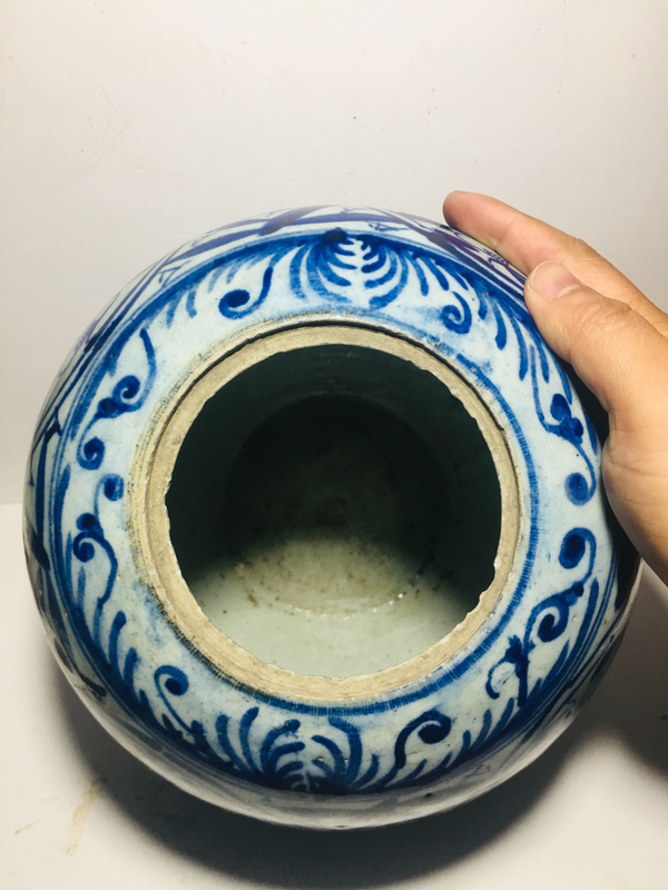 古玩陶瓷晚清民國青花開窗花卉紋西瓜罐拍賣,當前價格299元