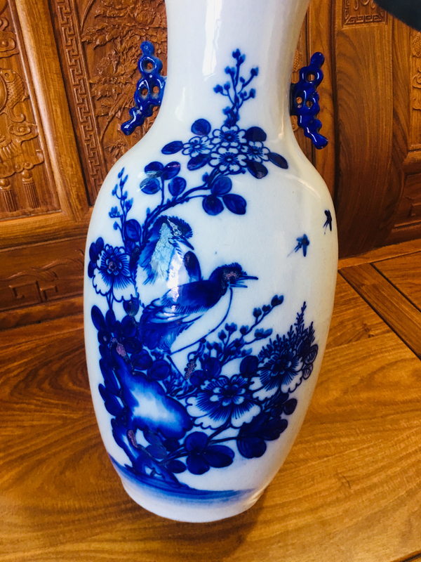 古玩陶瓷青花釉里紅富貴白頭紋雙耳大瓶大瓶拍賣,當前價格2888元