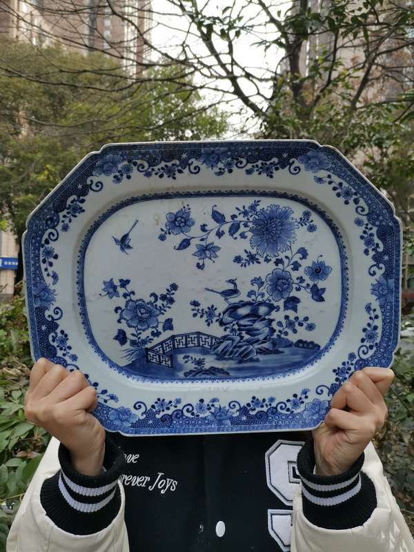 古玩陶瓷40cm全品清乾隆 青花牡丹花鳥圖長方盤-7892拍賣,當前價格6800元