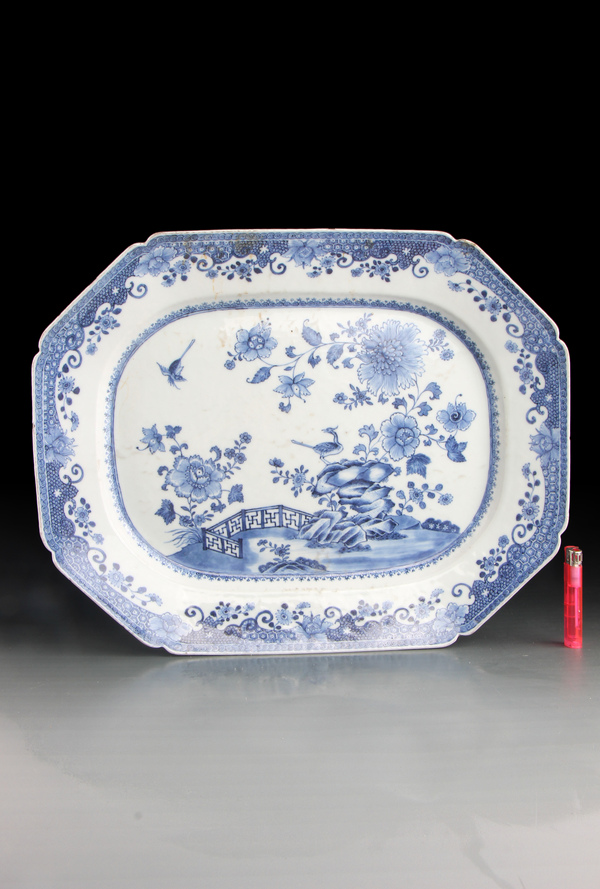 古玩陶瓷40cm全品清乾隆 青花牡丹花鳥圖長方盤-7892拍賣,當前價格6800元