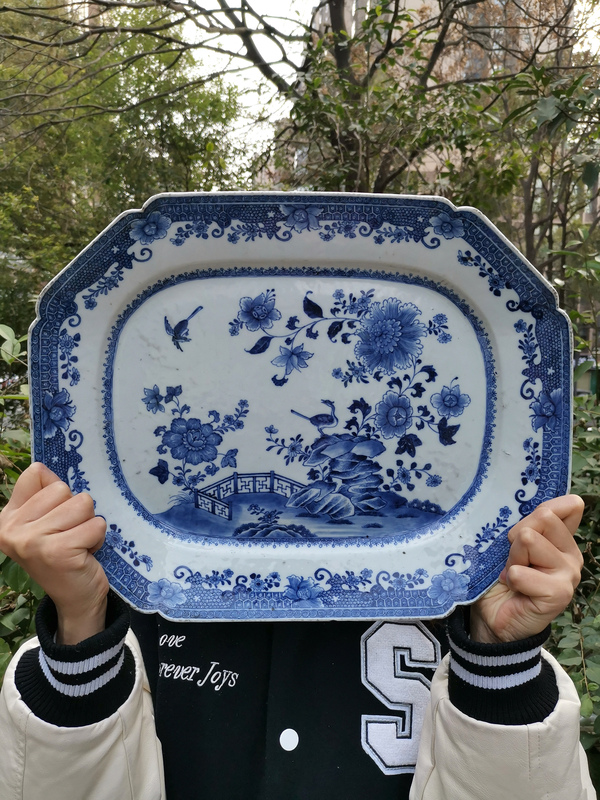 古玩陶瓷40cm全品乾隆 青花牡丹花鳥圖長方盤-7891拍賣,當前價格7000元