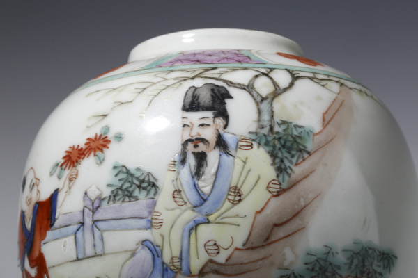 古玩陶瓷民国·粉彩陶渊明爱菊图小罐一对拍卖，当前价格4172元