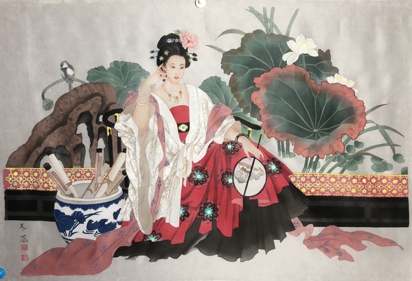 古玩轉(zhuǎn)賣著名畫家張東蕊 仕女圖帶合影拍賣，當(dāng)前價格588元