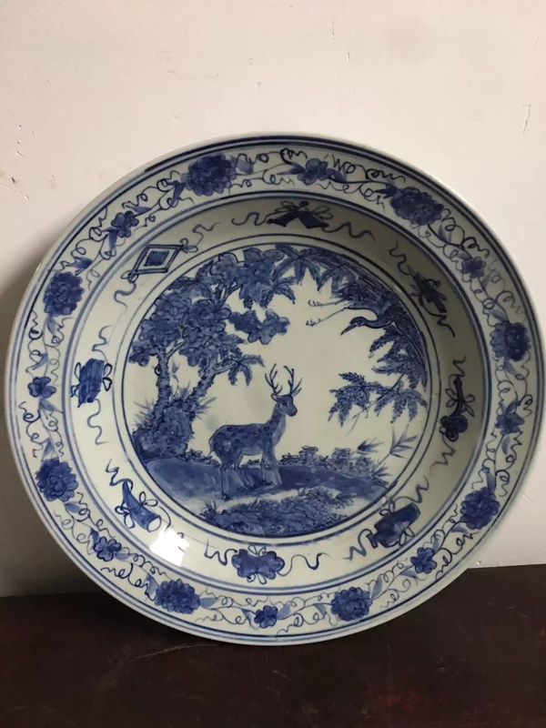 古玩陶瓷鹿鶴同春青花大盤拍賣,當前價格36000元