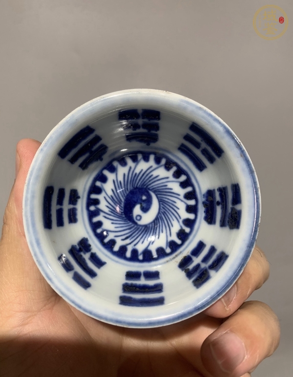 古玩陶瓷豆青釉青花八卦杯真品鑒賞圖