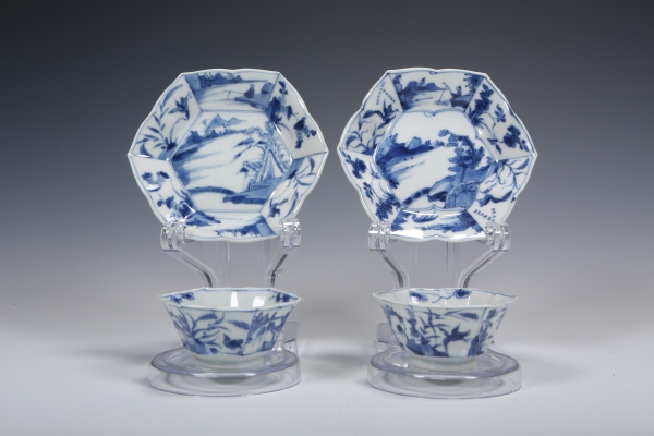 古玩陶瓷康熙·青花山水人物六方杯碟拍卖，当前价格700元